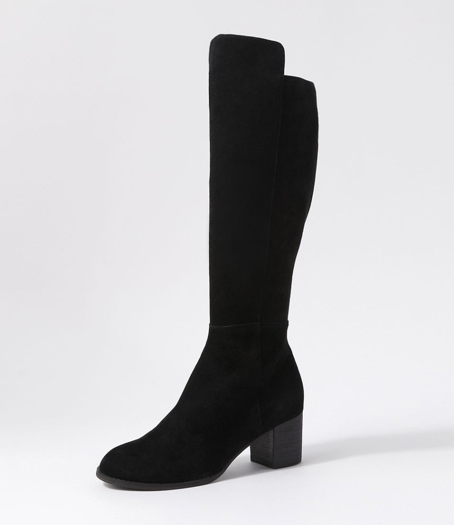 DJANGO & JULIETTE Setley Black Suede Stretch Microsuede Knee High Boots | Boots