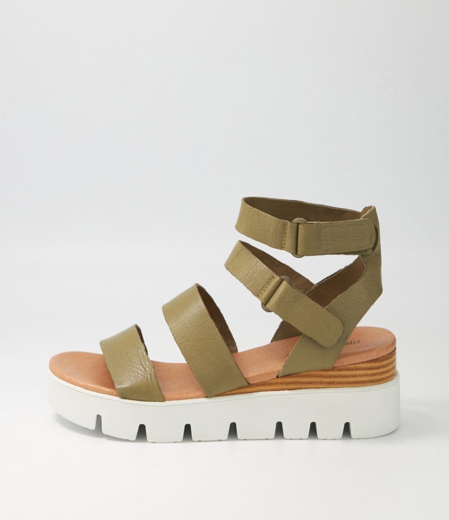 DJANGO & JULIETTE Rhean Khaki Leather Sandals | Wedges