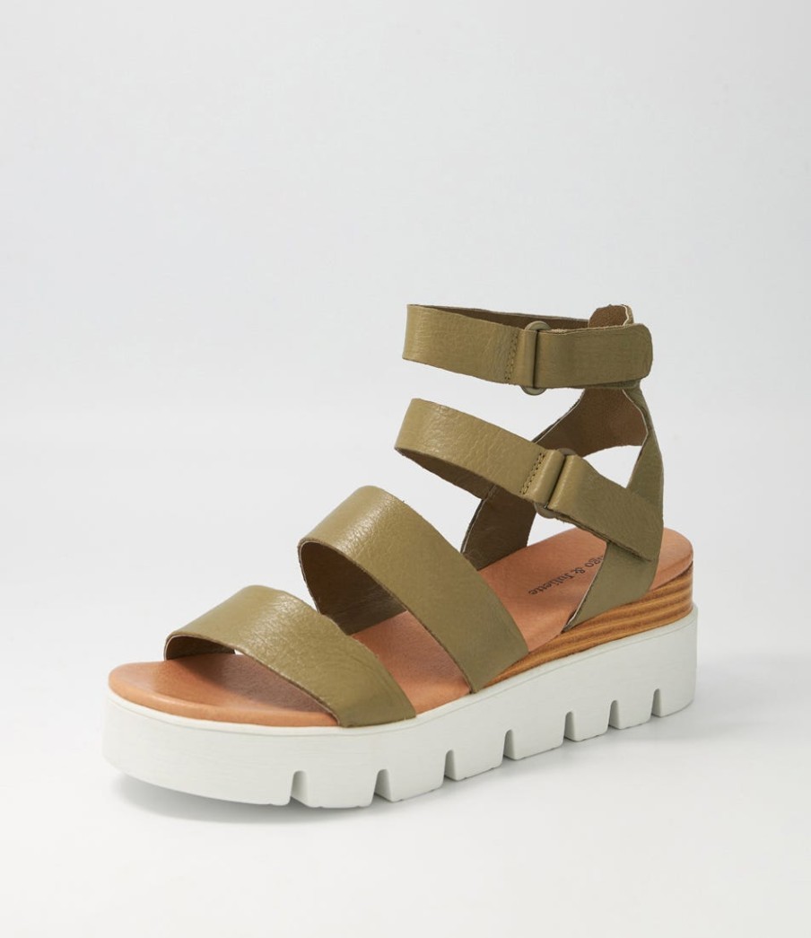 DJANGO & JULIETTE Rhean Khaki Leather Sandals | Wedges