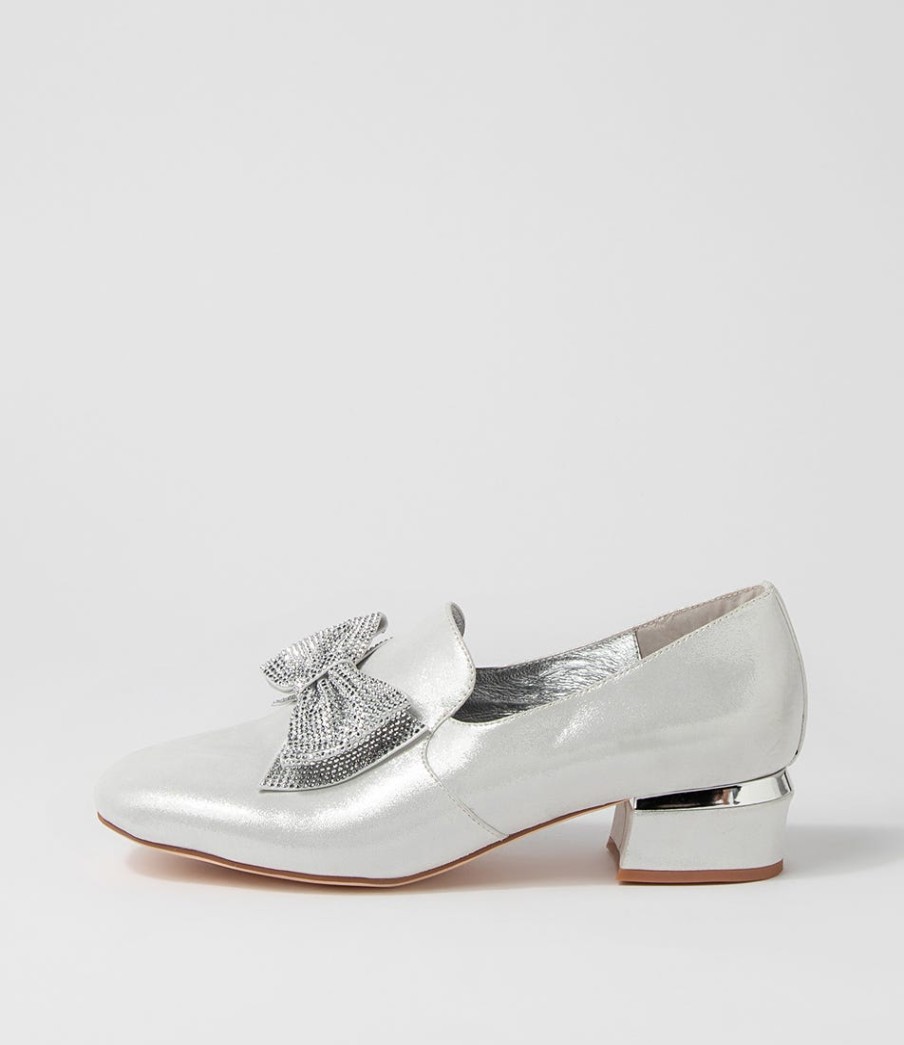 DJANGO & JULIETTE Grenada Silver Shimmer Leather Jewels Heels | Loafers